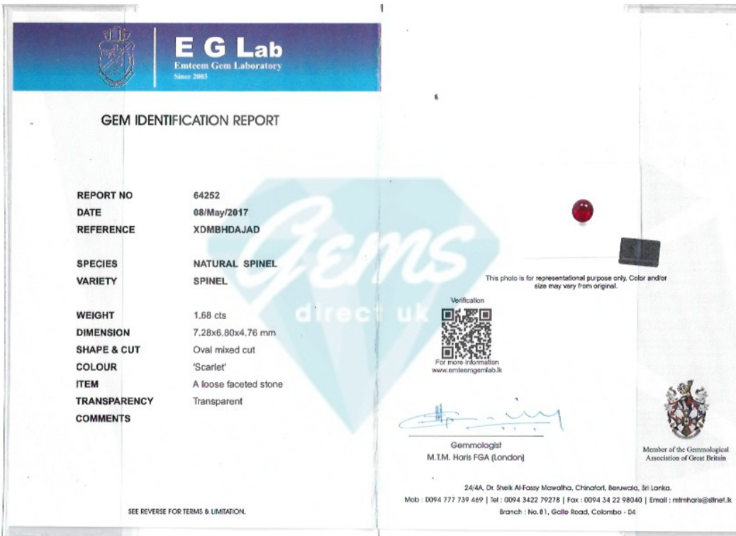 1.68ct Vivid Scarlet Mahenge Spinel