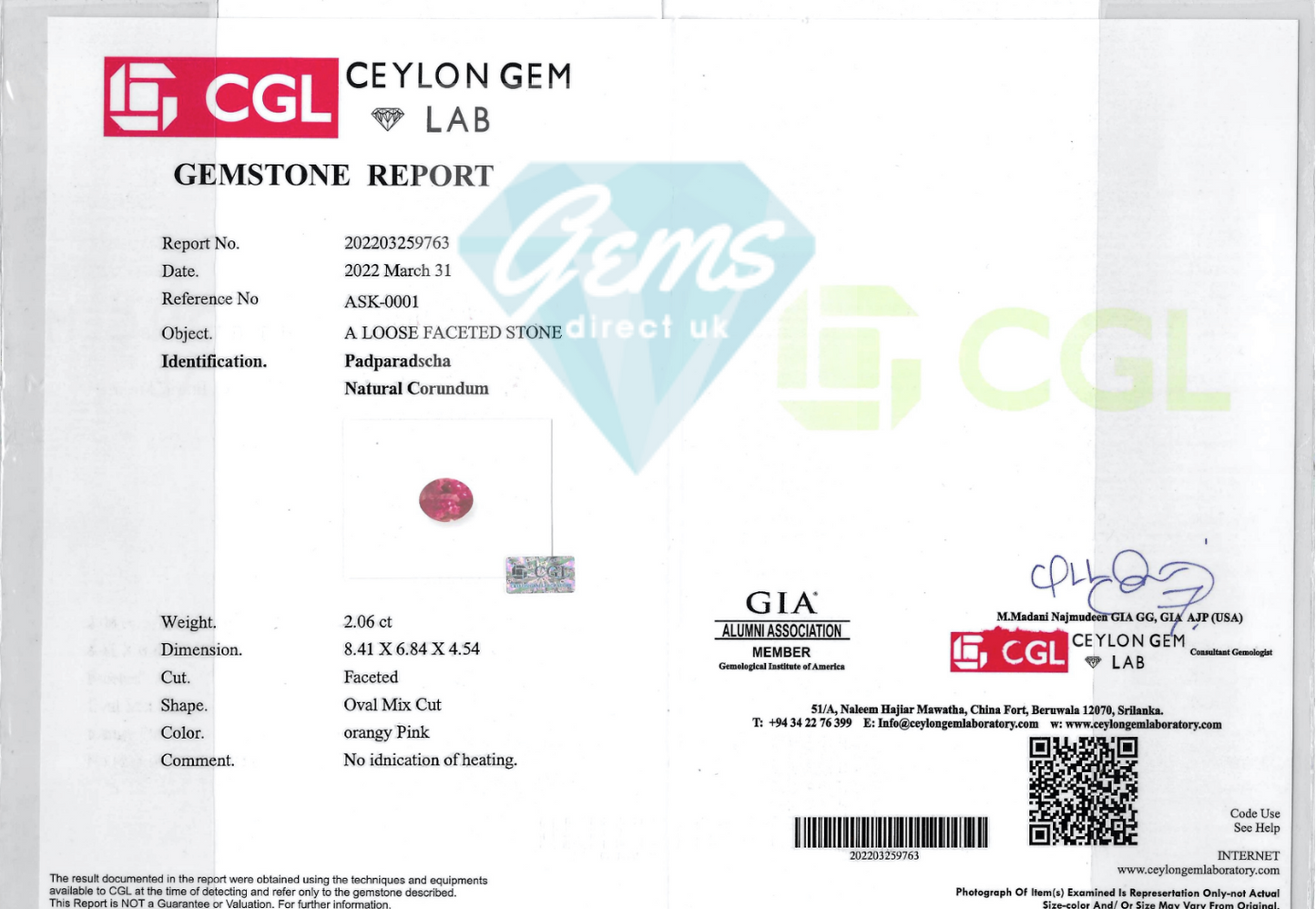 2.06ct Unheated Padparadscha Sapphire