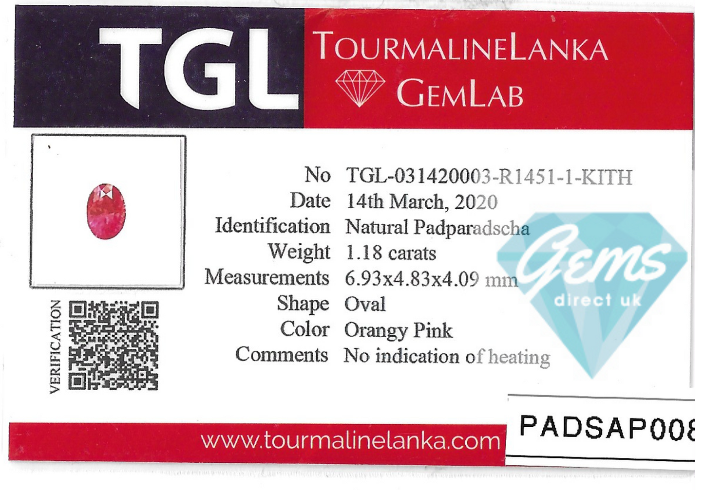 1.18ct Unheated Padparadscha Sapphire