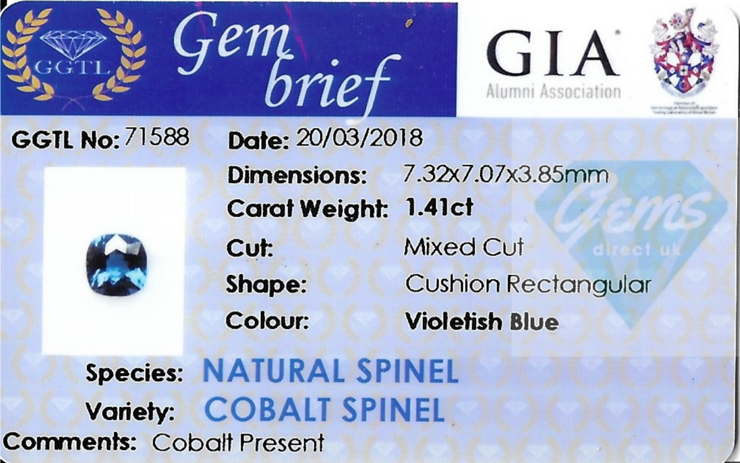 1.41ct Violetish Blue Spinel