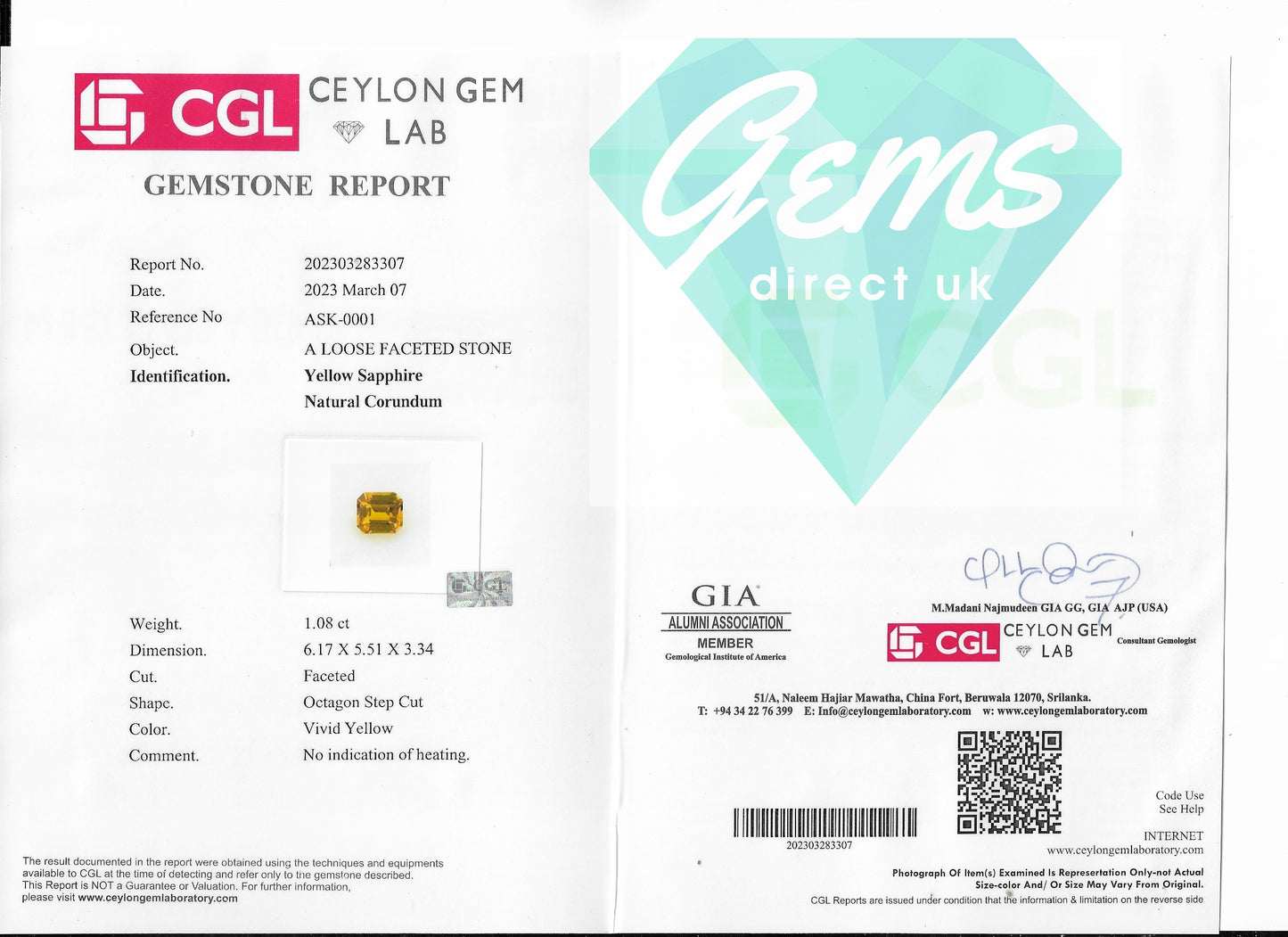 1.06ct Unheated Vivid Yellow Sapphire