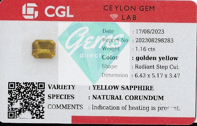 1.16ct Golden Yellow Sapphire