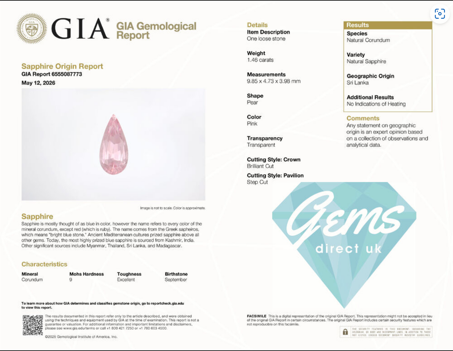 1.46ct Unheated Pink Sapphire - 9.85 x 4.73 x 3.98mm - with GIA Report