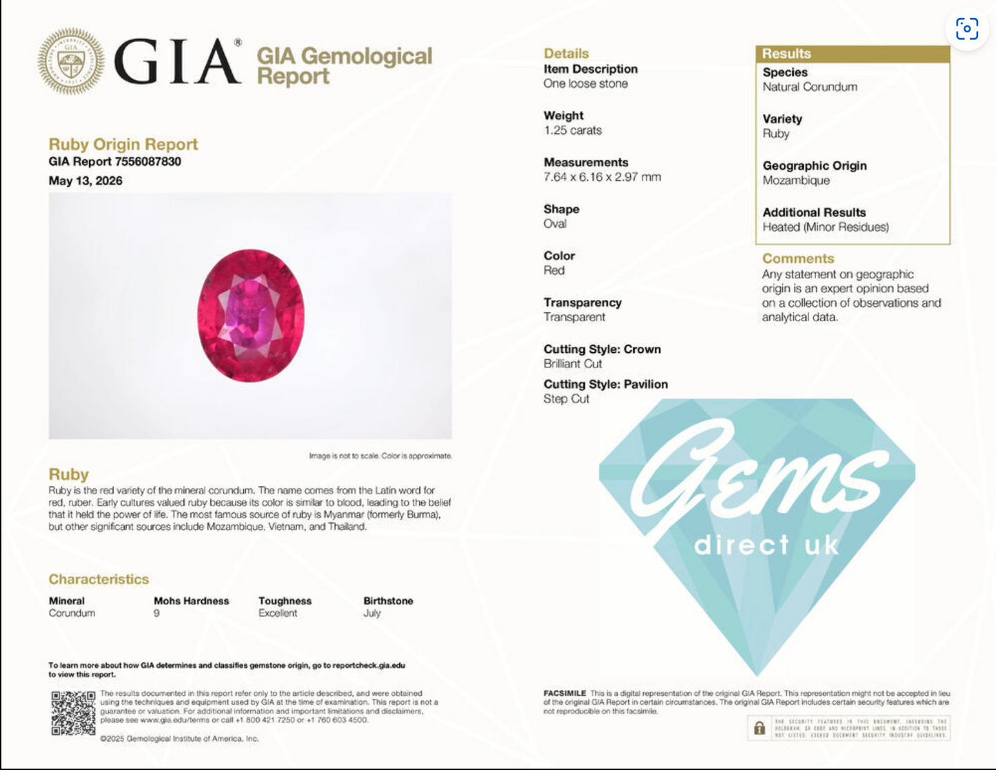 1.25ct Mozabique Red Ruby - GIA Report