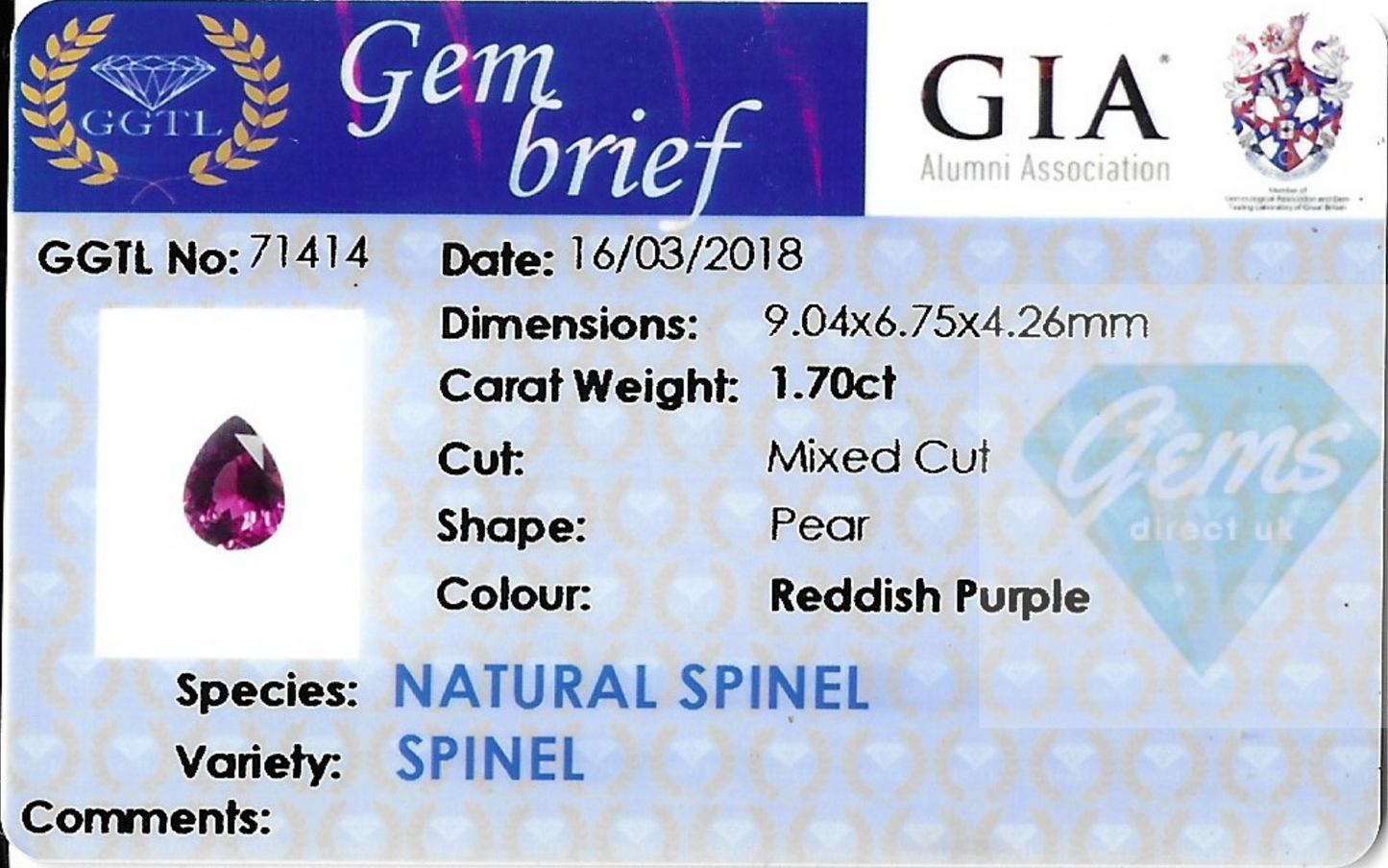 1.70ct Reddish Purple Spinel